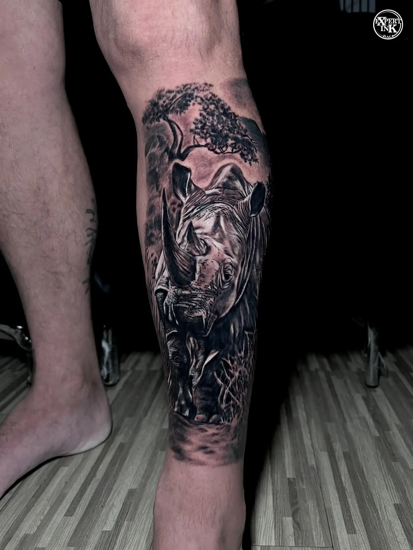 Realistic animal tattoo featuring a detailed wildlife of a Rhinoceros