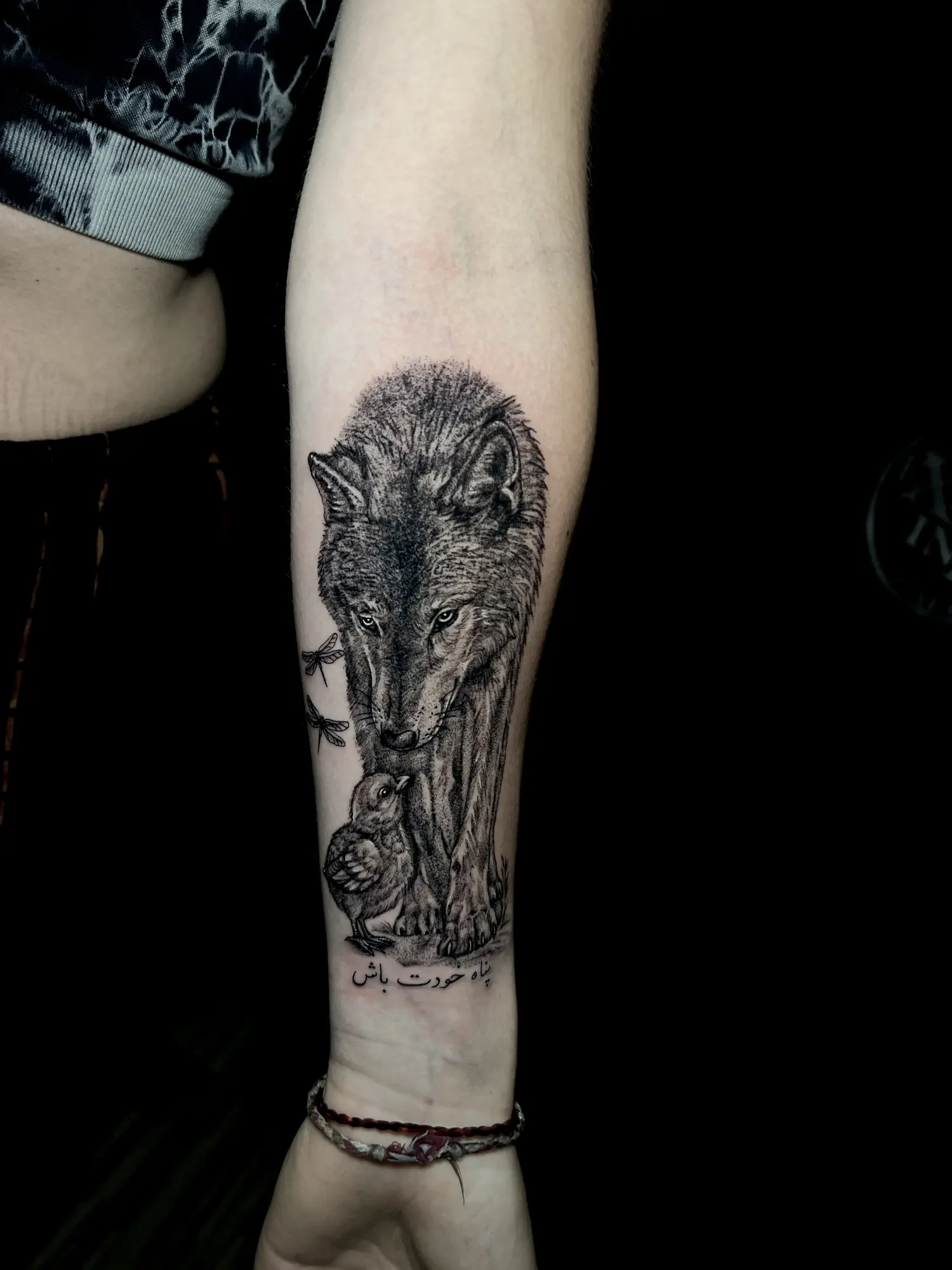 Realistic animal tattoo featuring a detailed Wolf and bird